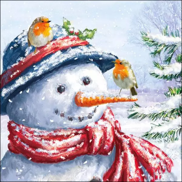 20 napkins snowman with birds in winter vintage robin 33cm