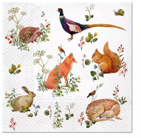 20 napkins animals in the forest, deer, rabbit, hedgehog, pheasant, fox and squirrel in autumn as a table decoration 33cm