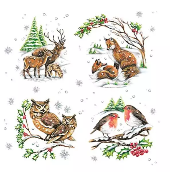 20 napkins animals deer deer birds and owl in family in winter 33cm