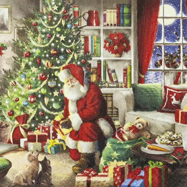 20 Servietten Weihnachtsmann am Baum mit Geschenken Santa Claus 33cm