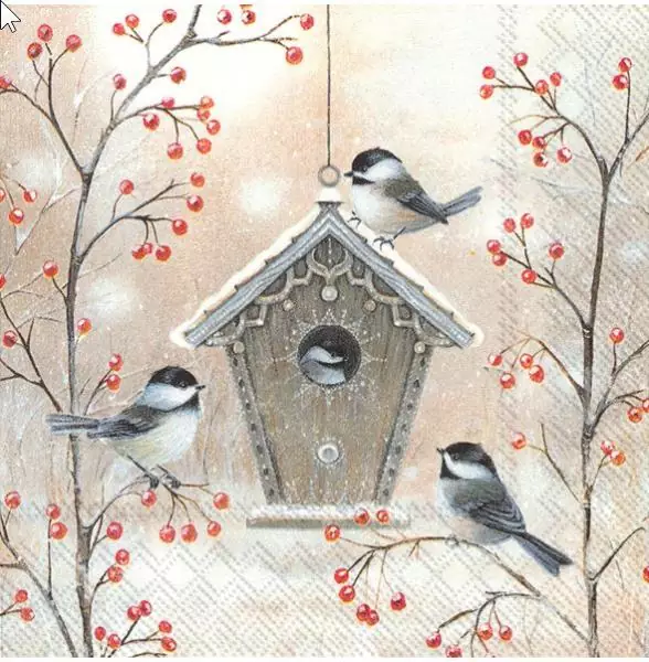 20 napkins winter at the bird house with tits and snow as a table decoration 33cm