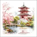 20 Servietten Asiatischer Tempel mit Kirschblüten, Brücke & See | Papierservietten 33x33 cm | Fernweh & Tischdeko | Für Serviettentechnik