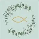 20 Servietten Goldener Fisch auf grün im Eukalyptus Kranz zur Taufe, Kommunion und Konfirmation als Tischdeko 33cm