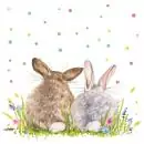 20 Servietten Hasenpaar im Gras auf einer Frühlingswiese mit bunten Punkten als Tischdeko 33cm