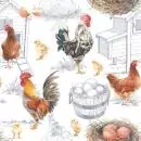 20 Servietten Hühnerfarm mit Huhn, Hahn und Küken und Eier im Korb 33cm als Tischdeko
