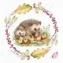 Servietten 20 Stück – Igel mit Apfel im Beerenkranz & Eichenblättern, Herbst