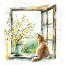 20 Servietten Katze am alten Fenster mit einem Strauß aus Frühlings Zweigen in der Vase