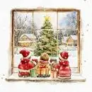 20 Servietten „Kinder mit Geschenken vor leuchtendem Weihnachtsbaum“.