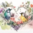 20 Servietten verliebte Vögel in einem Herz aus Blüten mit vielen roten Herzen im Sommer 33cm als Tischdeko