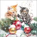 20 Servietten Katzen mit Weihnachtskugeln im Schnee 33 cm