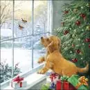 20 Servietten Weihnachten, Hund beobachtet Vögel am Fenster als Tischdeko 33cm