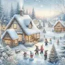 20 Servietten – Weihnachten im verschneiten Dorf mit Kindern am Schneemann