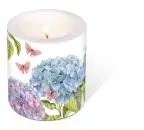 1 Kerze Hortensie lila blau Schmetterling Blumen d 9cm, h 10cm