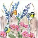 20 Servietten Blumen und Vögel am Zaun / Rotkehlchen Blaumeise Anemone und Fingerhut als Tischdeko 33cm