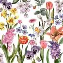 20 Servietten Frühling mit vielen Blumen Hyazinthe, Narzisse, Tulpe, Stiefmütterchen 33cm als Tischdeko
