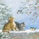 20 Servietten Katzen und Vögel im Winter als Tischdeko 33cm