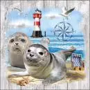 20 napkins seals and harbor seals on the beach in front of lighthouse and compass rose 33cm