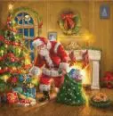 20 Servietten Weihnachtsmann verteilt Geschenke unter dem Weihnachtsbaum als Tischdeko 33cm